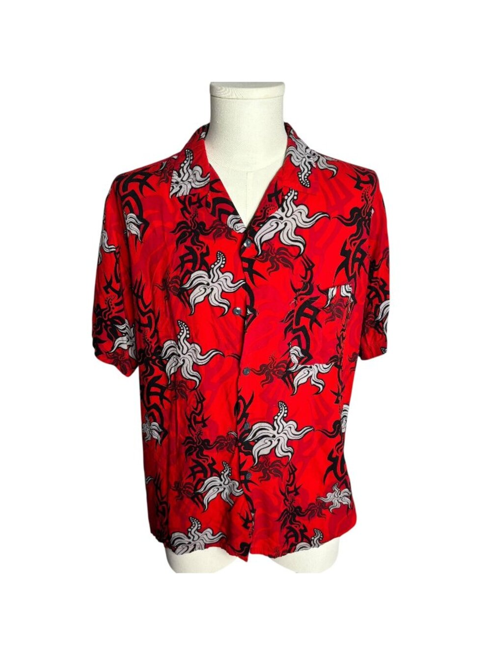 Vintage 90s Pineapple Connection Button Up Hawaiian Shirt M Red Tribal Pocket